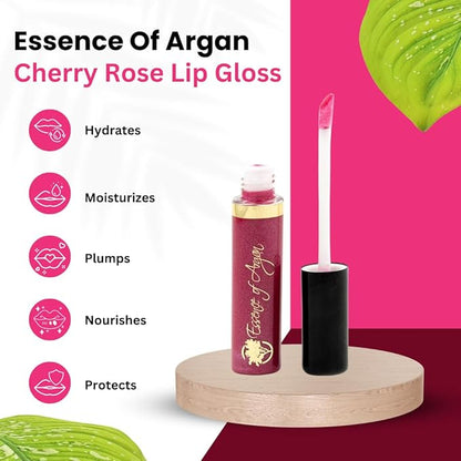 Essence Of Argan Cheery Rose Lip Gloss with Moroccan Argan Oil to Moisturize and Plump your Lips – Lip Care to Eliminate Dryness - Cherry Rose Matte Effect 0.25oz