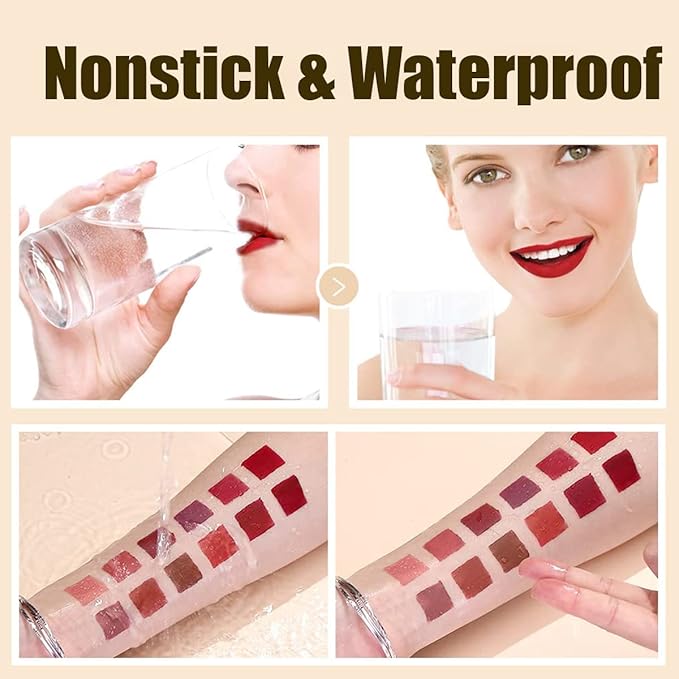 12Pcs Matte Liquid Lipstick Set, Dark Bright Red 24-hour Lip Gloss Kit Long-Lasting Waterproof Lip Stain Non-Stick Cup Not Lipgloss Set for Women
