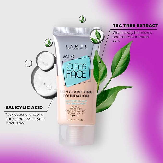 Oh My Clear Face Full Coverage Foundation for Oily & Acne Prone Skin, Salicylic Acid & Tea Tree Extract, Anti-Blemish Sensitive Skin Care, Organic & Oil-Free, 401 Soft Beige, 40 ml / 1.35 fl.oz