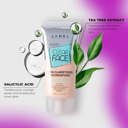 Oh My Clear Face Full Coverage Foundation for Oily & Acne Prone Skin, Salicylic Acid & Tea Tree Extract, Anti-Blemish Sensitive Skin Care, Organic & Oil-Free, 401 Soft Beige, 40 ml / 1.35 fl.oz