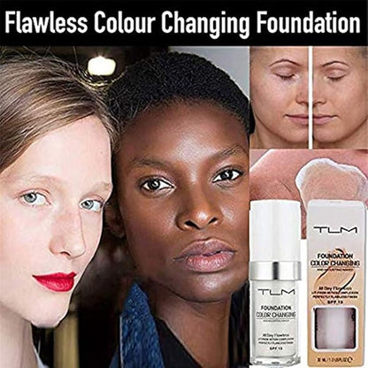 TLM Flawless Color Changing Foundation,Moisturizing Warm Skin Full Coverage Face Foundation Makeup,Base Nude Face Liquid Cover Concealer,Natural Sunscreen Non-greasy