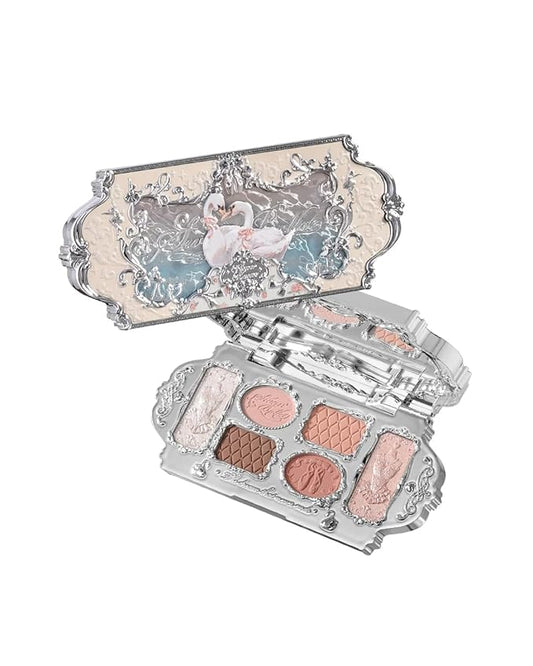 Flower Knows Swan Ballet Six-Color Makeup Palette,Eyeshadow,Blush,Highlighting & Contour All-in-One Face Makeup Palette with 4 Matte+2 Shimmer Neutral Shades(01 White Swan,0.23 Oz)