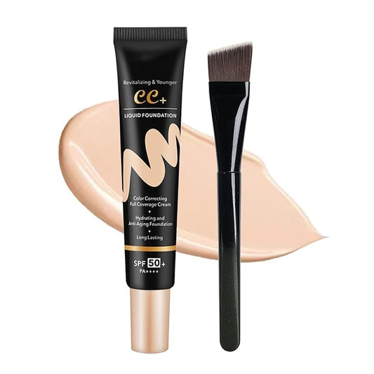 CC Cream with SPF 50+ with Brush, Waterproof Flawless Concealer Full Coverage BB Cream for All Skin Types, Lightweight Powder Foundation Full Coverage, Pre-makeup Primer Refine Skin Texture (Natural)