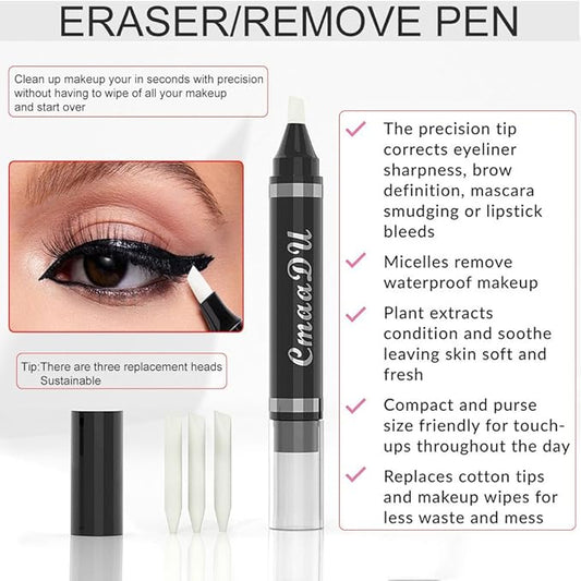 Makeup Remover Eraser Pen - Quick Fix Corrector for Eyes, Lips, Face, Eyeliner & Mascara with 3 Replacement Heads