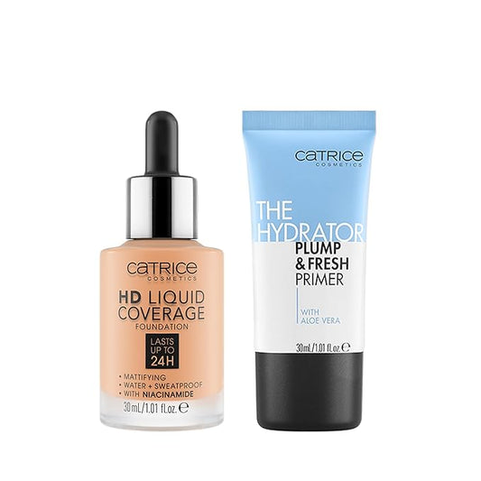 Catrice | HD Foundation 38 & The Hydrator Plump & Fresh Primer Bundle | Full Coverage Makeup | Vegan & Cruelty Free