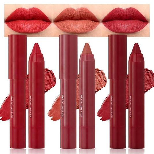 3 Colors Matt Nude Lipstick Lipliner Lip Crayons Pack Set,Velvet Moisture Smooth Matte Lipstick Pencils,Waterproof&Waterlasting,#08#09#10