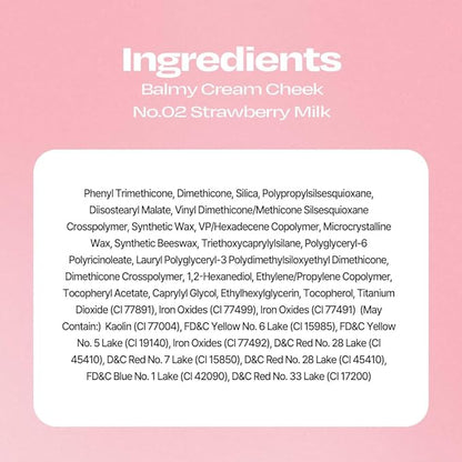 Balmy Cream Cheek | Lightweight, Natural Finish Cream Blush with Blurring Effect | 2.5g (No.2 Strawberry Milk)