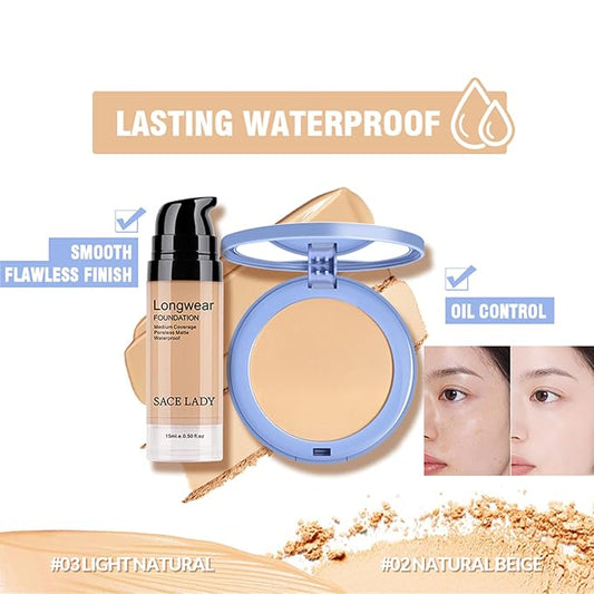 SACE LADY 2Pcs Face Make Up Set, Flawless Matte Foundation and Oil Control Pressed Powder, Lasting Coverage Waterproof Natural Cosmetics Kit