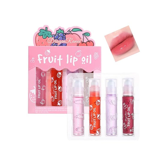 4 Pcs Fruit-Flavored Lip Gloss Set,Transparent Colorless Moisturizing Plumper Lip Lotion Rolling Ball Lip Oil Liquid Lipstick