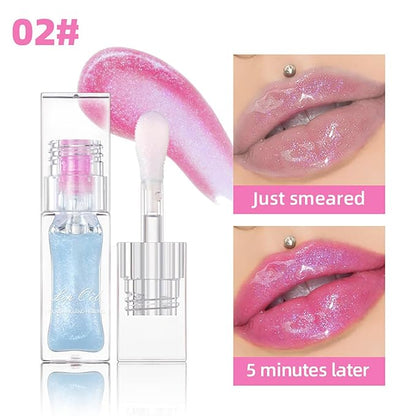 Magic Color Changing Lip Oil Ph, Glitter Lip Gloss, Upgraded Big Brush Head Moisturizing Lip Oil Long Lasting Nourishing Lip Glow Oil Non-Sticky Primer Lip Tint (# 02, 0.3 Oz)