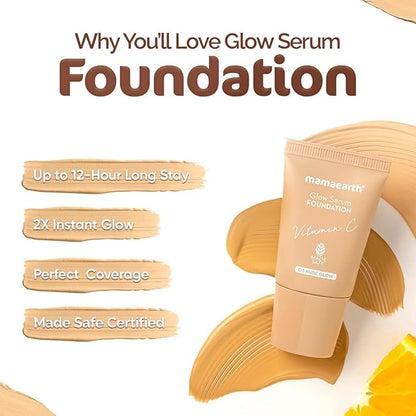 MAMAEARTH Glow Serum Foundation - 01 Ivory Glow Shade | with Vitamin C & Turmeric | Up to 12 Hour Buildable Coverage | Waterproof & Lightweight | 0.61 Fl Oz (18ml)