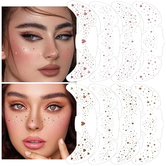 8Ps Face Glitter Speckles Patches, 2Colors 4Styles Glitter Freckles Face Tattoo, Glow Up Makeup Patches, Cute Glitter Makeup Accessories for Women, Cosmetic Glitter for Face Gift