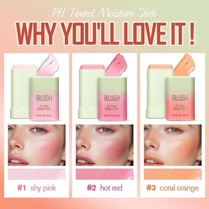 PH Tinted Moisture Stick，Multi-Use Cream Color Changing Blush, 3-in-1 Blush Stick for Cheek/Eyes/Lips, Waterproof Hydrating Tinted Solid Makeup Products (1# Shy Pink)