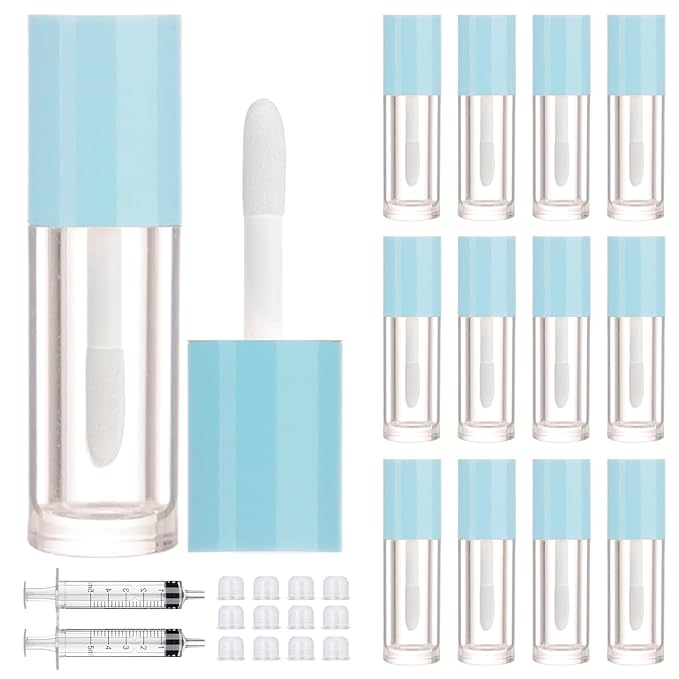 2.5ml 12 PCS Empty Lip Gloss Tubes with Wand Lip Gloss Containers Cute 0.08oz Clear Refillable Lipgloss Making Supplies Kit for DIY Makeup+ 2pcs Syringes (Blue)