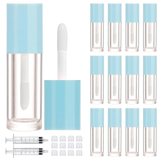 2.5ml 12 PCS Empty Lip Gloss Tubes with Wand Lip Gloss Containers Cute 0.08oz Clear Refillable Lipgloss Making Supplies Kit for DIY Makeup+ 2pcs Syringes (Blue)