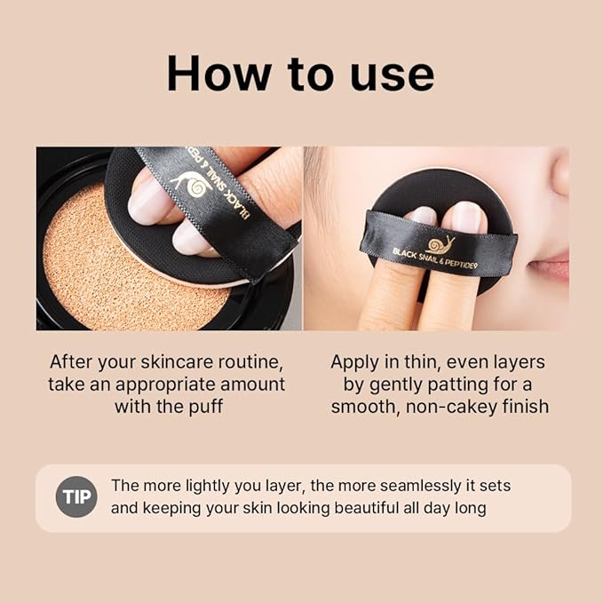 Farmstay Black Snail & Peptide 9 Perfect Cushion Foundation | Full Coverage, Lightweight, Skin-Fit, Smooth Radiant Finish, Korean Cushion Foundation (#21 Light Beige, 0.53 Fl Oz)