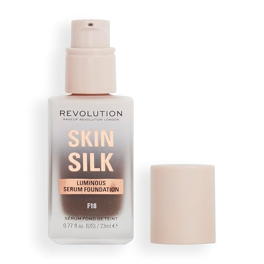 Revolution, Skin Silk Serum Foundation, Light to Medium Coverage, Lightweight & Radiant Finish, Contains Hyaluronic Acid, F18 Deep Skin Tones, 0.77 fl oz