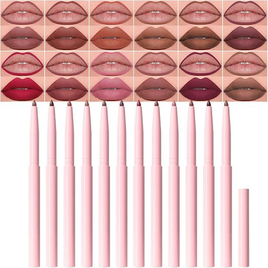 12-Piece Automatic Rotating Lip Liner Set Long-Lasting Outline, Three-Dimensional Lip Plumping, Silky Creamy Matte Texture, 12-Color High-Color Lipstick Pencil, Waterproof and Anti-Smudge