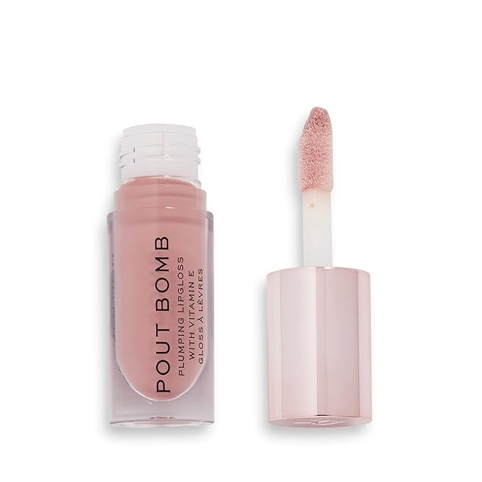 Revolution, Pout Bomb Plumping Lip Gloss, High Shine, Rich Glossy Pigment, Infused with Vitamin E, Doll Nude, 0.15 fl oz