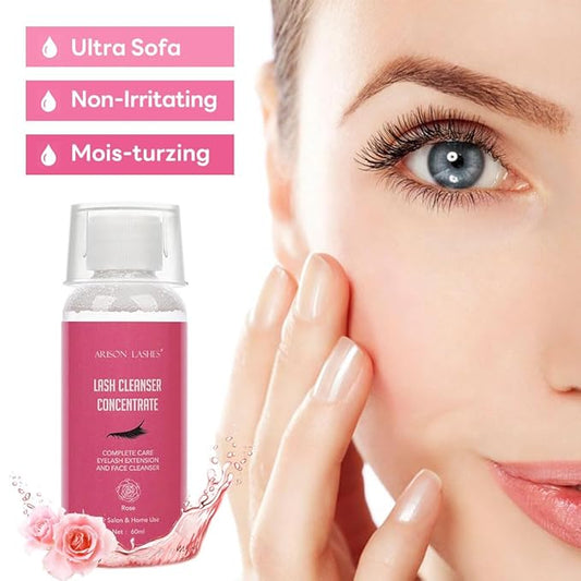 Eyelash Cleanser Concentrate 60ml Professional Lash Extensions Shampoo Natural Foaming Cleanser for Extensions Lashes with Salon Home Care-Makes 12 Bottles 60ml Eyelash Shampoo (Rose)