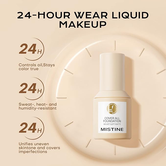 MISTINE Liquid Foundation Makeup Full Coverage for Oily Skin, 24 Hour Oil Control, Skin-Caring, Moisturizing Formula, Waterproof, Matte Finish, Satin, 1 Fl Oz