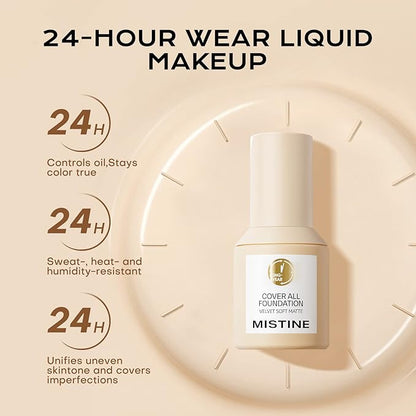 MISTINE Liquid Foundation Makeup Full Coverage for Oily Skin, 24 Hour Oil Control, Skin-Caring, Moisturizing Formula, Waterproof, Matte Finish, Satin, 1 Fl Oz