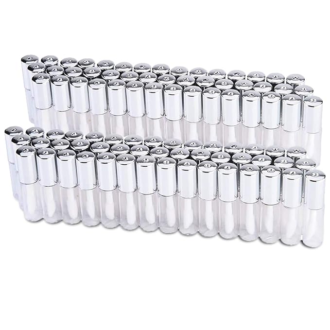 Case of 90 packs, Empty Plastic Clear Lip Gloss Tubes Lip Balm Bottle Container Silver Transparent 1.2ML Makeup Tool for Women (90 pcs, Silver)