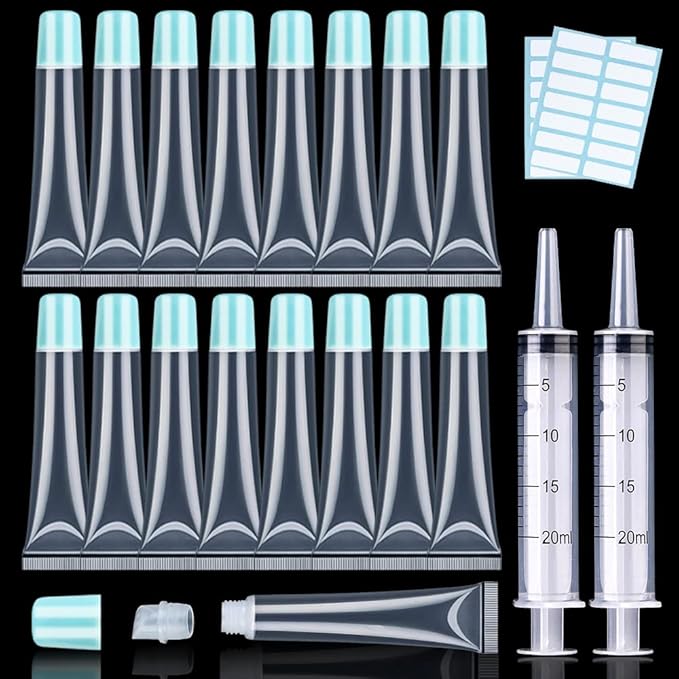 AMORIX 50PCS Lip Gloss Tubes 20ml Blue Cap Lip Gloss Containers Empty Lip Balm Tubes Squeeze Lipgloss Tubes + 2 x 20ml Syringes Tag Labels for DIY Lip Gloss Base Glitter