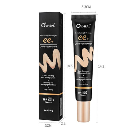 O'CHEAL CC Cream with SPF 50+, Hydrating Color Correcting Cream Full Coverage Lightweight Powder Foundation, Waterproof Long Lasting Pre-makeup Primer Facial Concealer Refine Skin Texture (Ivory)
