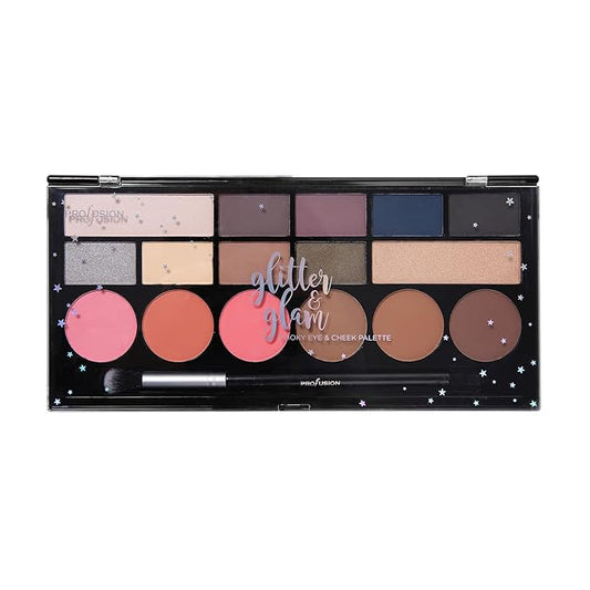 Profusion Cosmetics Glitter Glam Eye and Cheek Palette, 16 Vibrant Matte and Shimmer Shades for Stunning Color, Includes 1 Pro Makeup Brush