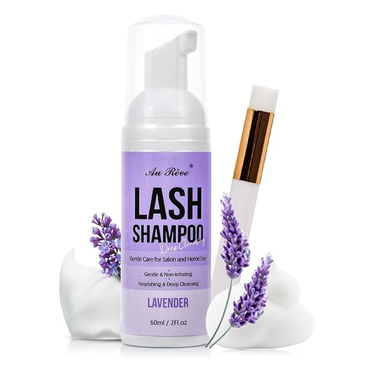 Lash Shampoo for Lash Extensions 60 Ml/2fl.oz Eyelash Extension Cleanser Oil Free Lash Cleanser for Eyelash Care, Gentle Foaming Eyelash Shampoo with Brush for Salon Home Care (Lavender 60ml)