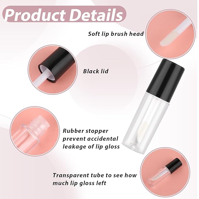Molain 10pcs Empty Lip Gloss Tubes, 1.2ml Mini Refillable Cosmetic Containers Bottles Lip Balm Bottles for Lipstick Samples, Lip Balms(Black tube cap)