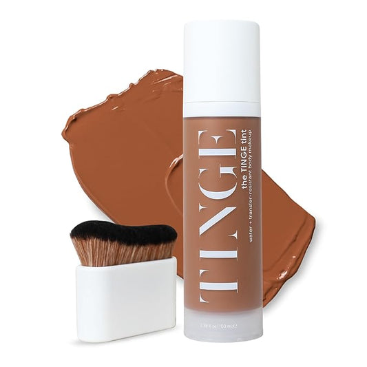 Tinge Body Makeup & Brush Bundle, 48-Hour Medium Coverage Tint with Hyaluronic Acid, Semi-Matte, Water & Transfer Resistant, Vegan, Kabuki Brush for Streak-Free Blending, Deep Warm, 3.38 Fl Oz