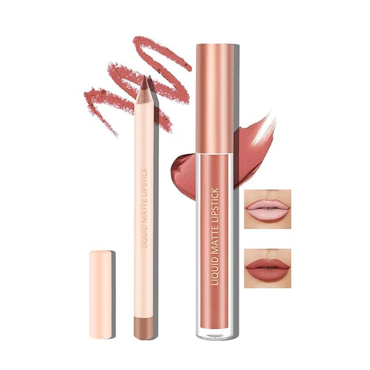 Boobeen Liquid Matte Lipstick and Lip Line Pencil Set, Nude Red Lip Makeup Longwear Waterproof Lipliner Pens & Velvet Lip Stain Lip Gloss Smooth Matte Lip Color Make Up Gift Set