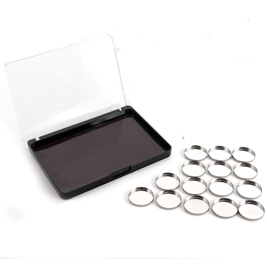 VANANA Magnetic Makeup Palette, DIY Empty Eyeshadow Blush Highlighter Cosmetics Case Holder Tray (Black (Clear Lid), 14x10cm - Palette & 15Pcs Round Pan)