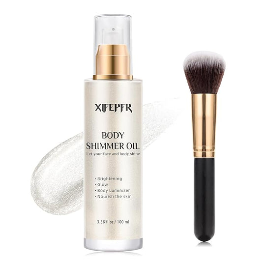 Body Shimmer Oil, Pearl White Face Brighten Glow Body Luminizer Highlighter Liquid Illuminator with Makeup Brush, Long Lasting Moisturizing Glitter Oil for Makeup (3.38 Fl Oz/#01)