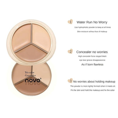Novo 3-Color Concealer Palette - Full Coverage for Dark Circles, Acne Scars & Blemishes, Hydrating & Buildable Formula, Waterproof & Long-Lasting, Lightweight Smooth Concealer for All Skin Types