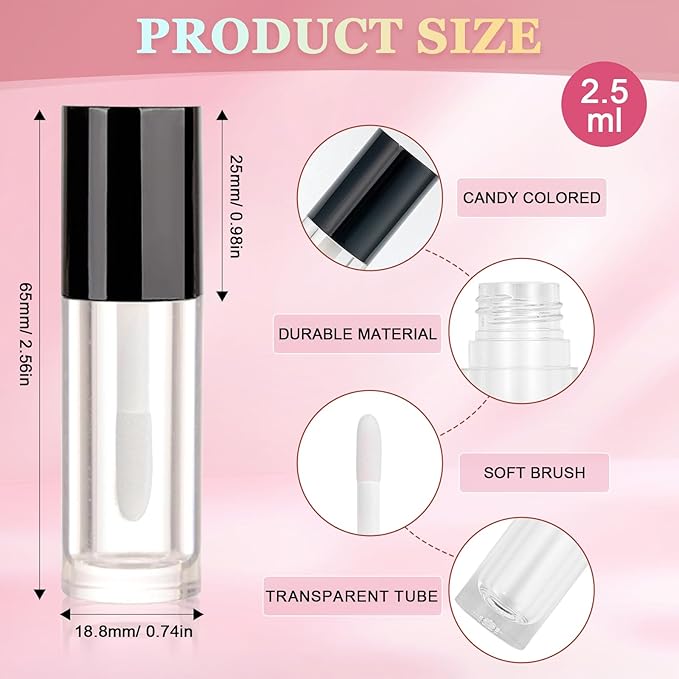 2.5ml 12 PCS Empty Lip Gloss Tubes with Wand Lip Gloss Containers Cute 0.08oz Clear Refillable Lipgloss Making Supplies Kit for DIY Makeup+ 2pcs Syringes (Black)