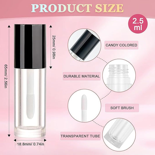 50pcs 2.5ml Empty Lip Gloss Containers Lip Gloss Tubes with Wand Cute 0.08oz Clear Refillable Lipgloss Making Supplies Kit for DIY Makeup + 2pcs Syringes (Black)
