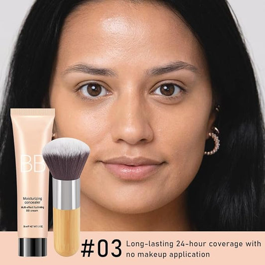 Hydrating BB Cream,Full Coverage Lightweight Matte Foundation & Concealer with Brush,Evens Skin Tone,Oil Control Cover Flaws,Natural Finish for All Skin Types,Vegan & Cruelty Free - Caramel