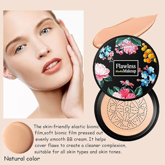Mushroom Head Air Cushion BB Cream, Concealer Lasting Nude Makeup Moisturizing Pigment CC Liquid Foundation, Even Skin Tone Makeup Base Primer-Natural 2Pack