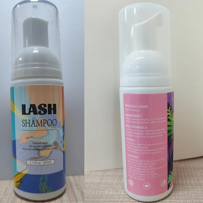 Buqikma Lash Shampoo for Lash Extensions, Mini Lash Fan 2.11Floz Rich Foam Eyelash Shampoo 50 Pcs Eyelash Brush and Rinse Bottle for Eyelash Wash Remover Lash Extension Cleanser for Home Use (Black)