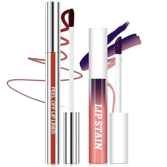 Peel Off Lip Liner and Lip Stain Set, Matte Lip Combo Set Brown Lips Liners Nude Pink Lip Tint for Gradient Plumping Big Lips Long Lasting Waterproof Liquid Tattoo Lip Gloss Kit Makeup