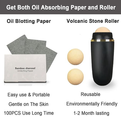 103 PCS Volcanic Roller Oily Skin Oil Control On The Go Volcanic Face Roller Oil Absorbing Volcanic Roller with Oil Blotting Sheet Paper for Oily Skin Care Oil Control Film Tissues (Type2)