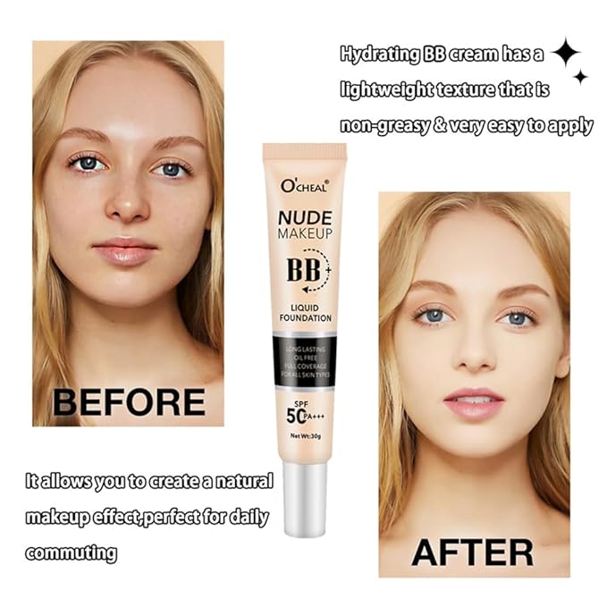 Hydrating BB Cream SPF 50+, Waterproof Full Coverage Concealer BB Cream for All Skin Types, Long Lasting Moisturizing Liquid Foundation for Men & Women (BB Cream, Natural)