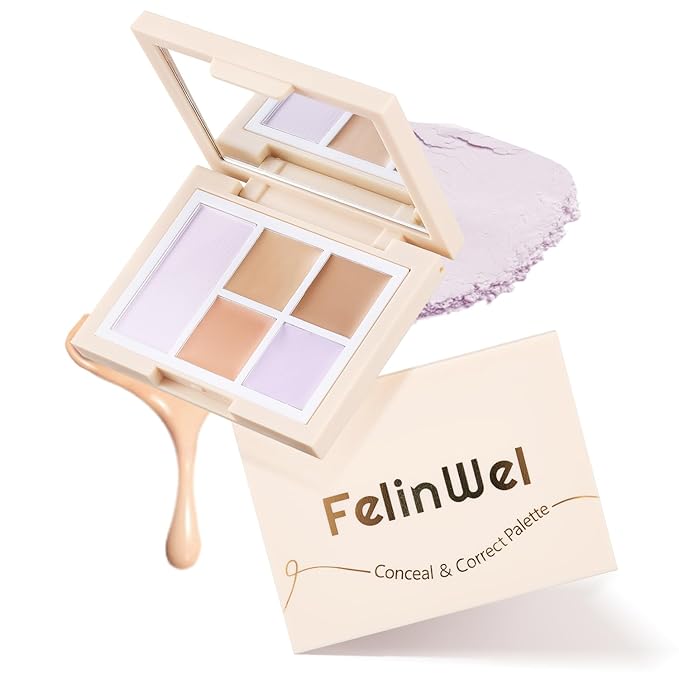 Color Corrector Palette for Dark Circles, Redness & Blemishes, Creamy Concealer + Setting Powder with Hydrating Ingredients, 12H Crease-Proof Wear, 02# Bright Tone
