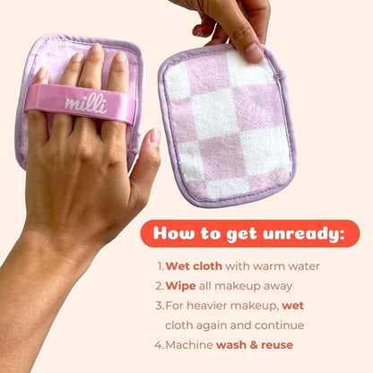 Makeup Remover Cloth - Set of 3 Pink and White Checkered Reusable Microfiber Cleansing Cloths to Gently Remove Mascara, Eyeliner, Eye Shadow, Lipstick with Just Water