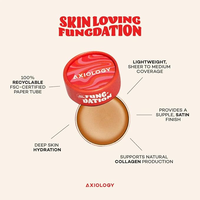 Axiology Fungdation Mushroom Foundation Face Makeup Creamy Wrinkle Defying Minimize Fine Lines Infused with Reishi Deep Hydration Natural Youthful Look Light to Medium Coverage 11.3g (Shade 1)