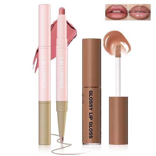 Nude Matte Lip Liner and Lipstick Lip Gloss Combo Set, Long-Lasting Creamy Lip Crayon Moisturizing Glossy Plumping Lip Gloss Lip Glow Oil with Lip Liner Makeup