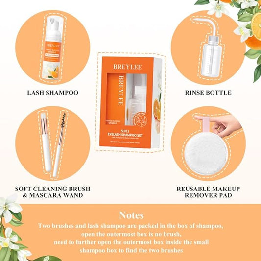 BREYLEE Eyelash Extension Cleanser, Lash Shampoo for Extensions, Lash Cleanser, Lash Bath, Lash Cleaner, Lash Cleaning Kit with Rinse Bottle+Brush+Pad for Professional & Self